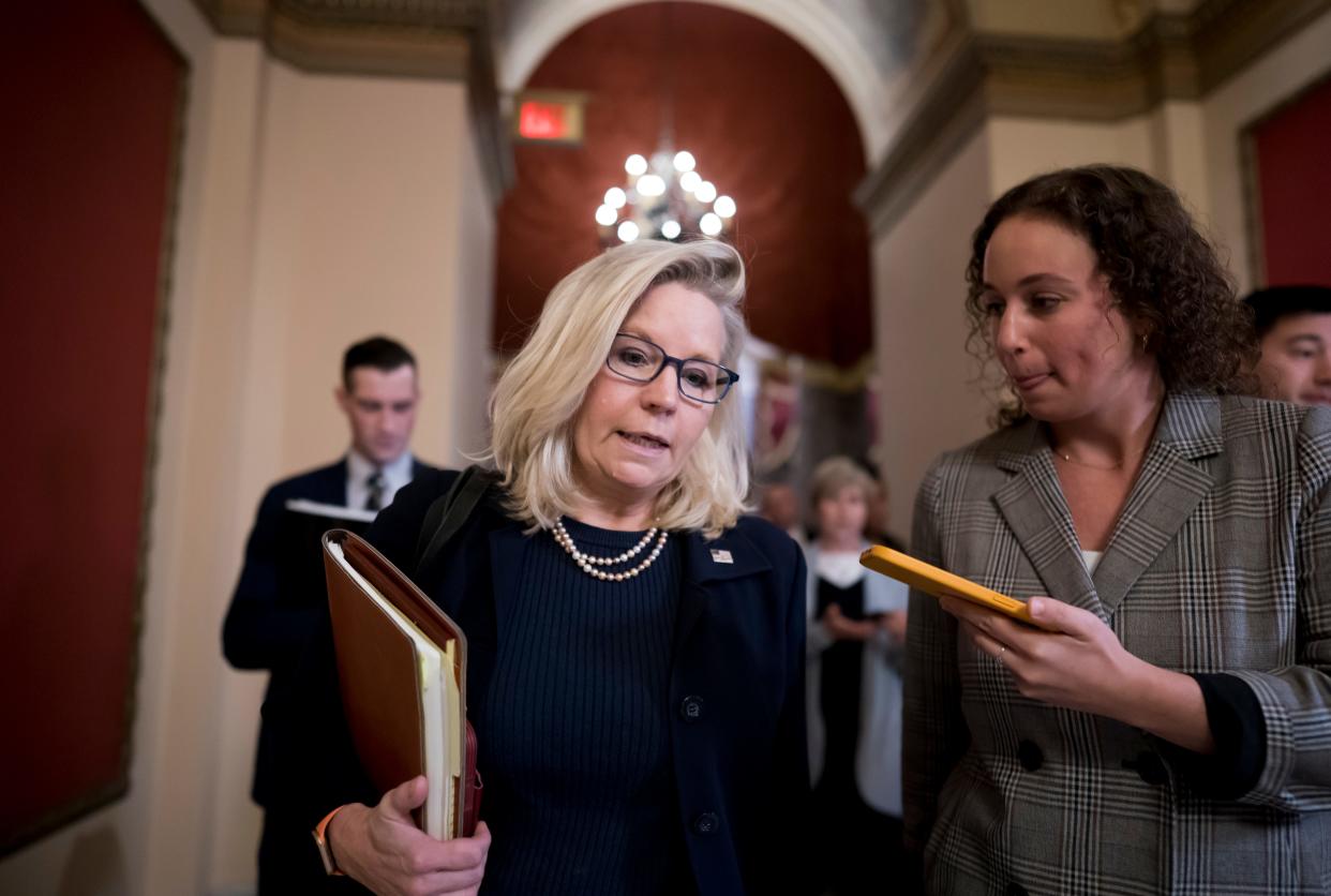 Rep. Liz Cheney, R-Wyo., vice chair of the House committee investigating the Jan. 6, 2021, attack on the Capitol, speaks with reporters as she walks to the House chamber during final votes, at the Capitol in Washington, on Sept. 30, 2022.