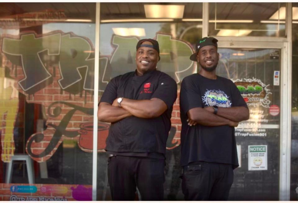 Trap Fusion owners Jason Gardener and Markeith McCoy in front of their Whitehaven restaurant at 4637 Boeingshire. Trap Fusion is known for its one-of-a-kind spins on soul food and Southern cuisine.