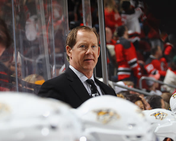 NEWARK, NJ - DECEMBER 20: Assistant coach Phil Housley of the Nashville Predators works the game against the New Jersey Devils at the Prudential Center on December 20, 2016 in Newark, New Jersey. The Predators defeated the Devils 5-1. (Photo by Bruce Bennett/Getty Images)