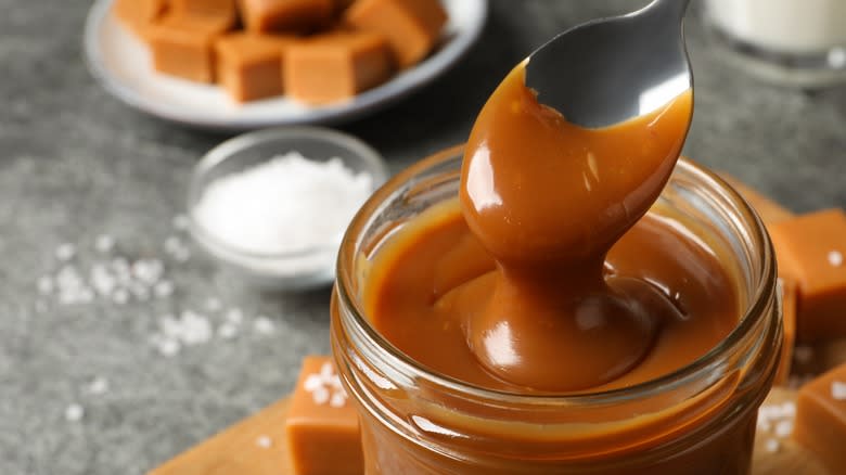 close up of caramel sauce in jar