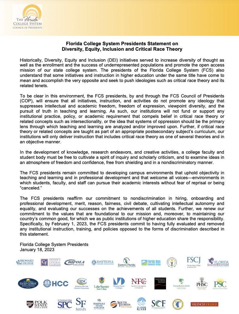 The Florida College System's Council of Presidents made a statement on diversity, equity, inclusion and Critical Race Theory on Jan. 18, 2023.