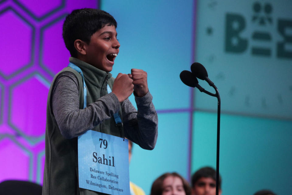 Sahil Langote of New Castle, Delaware, reacts after he misspelled the word 'palatschinken' during round eight of the Scripps National Spelling Bee at the Gaylord National Resort & Convention Center May 30, 2019 in National Harbor, Maryland. | Alex Wong—Getty Images