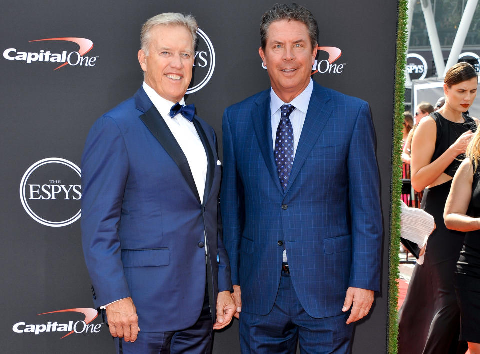 LOS ANGELES, CA - JULY 18:  John Elway (L) and Dan Marino attend The 2018 ESPYS at Microsoft Theater on July 18, 2018 in Los Angeles, California.  (Photo by Allen Berezovsky/FilmMagic)