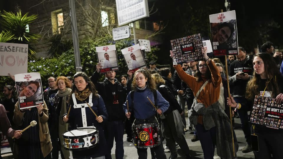 Relatives and supporters of the Israeli hostages held in the Gaza Strip by Hamas attend a protest calling for their release outside Israeli Prime Minister Benjamin Netanyahu's residence, in Jerusalem on Sunday. - Ohad Zwigenberg/AP
