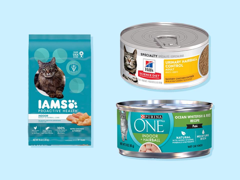 A bag of Iams dry food, can of Hill's wet food, and can of Purina wet food for hairball control are on a blue background.