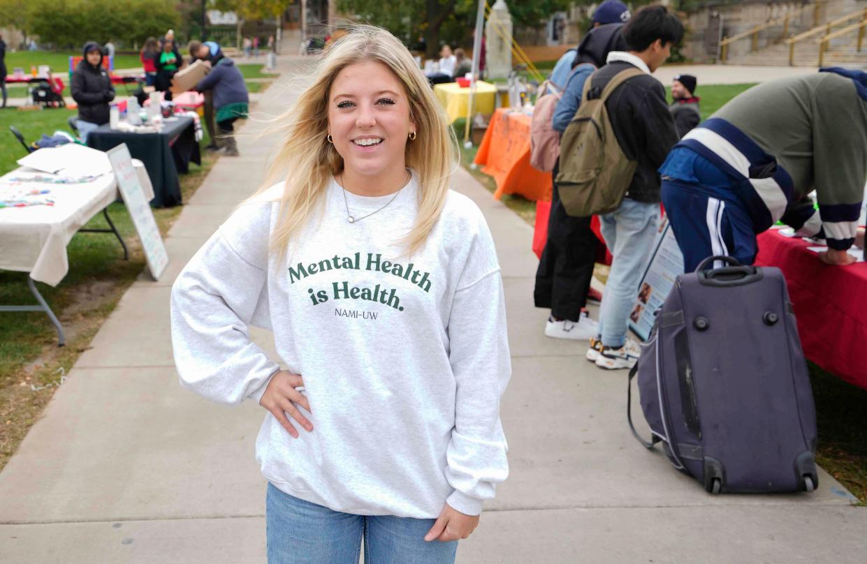 Katherine Zimmerman, co-president of the UW-Madison chapter of the National Alliance of Mental Illness, says students are increasingly open about their mental health problems. “I’m very excited about the turnout today,” she said about a recent campus mental health fair. “Seeing other organizations out here, students walking around, stopping by to learn more about our organization, how to get involved and grabbing a green bandana; this is another great event.”