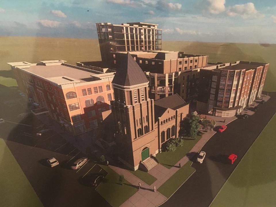 This rendering shows the One East College mixed-use redevelopment plan for the historic former First United Methodist Church in downtown Murfreesboro.