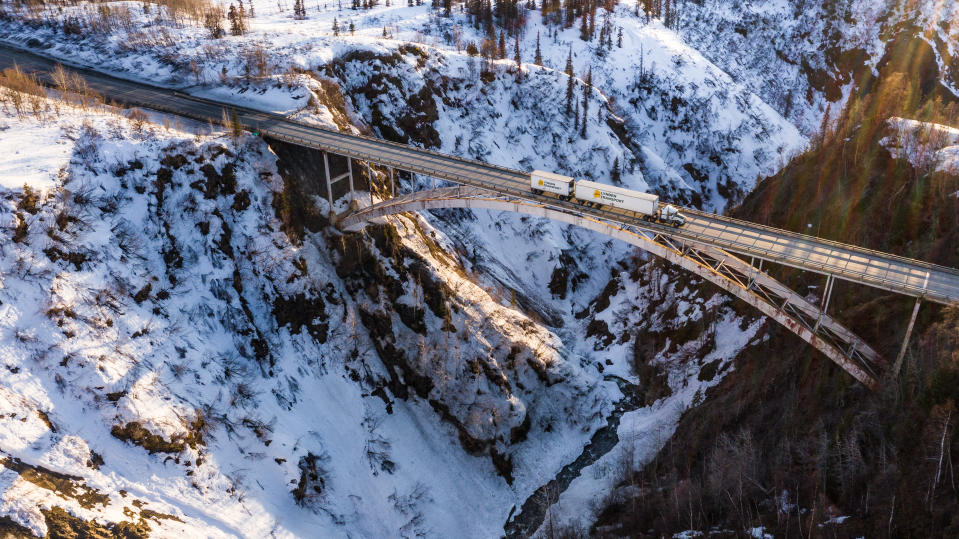 A Lynden Transport truck crosses Hurricane Gulch en route to Fairbanks, Alaska.