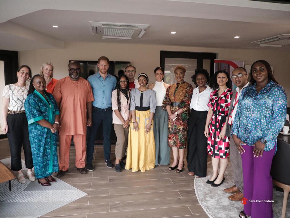 The Duke and Duchess of Sussex meet with Save the Children staff, Global Ambassador Misan Harriman and Youth Ambassadors Maryam and Purity during their visit to Abuja (Save The Children)