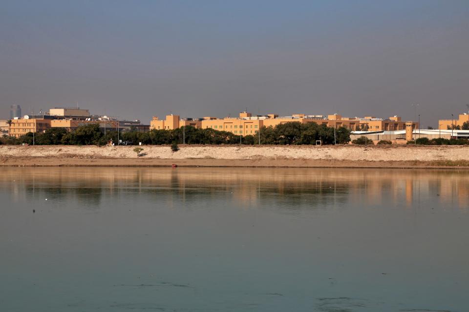 FILE - The U.S. Embassy is seen from across the Tigris River in Baghdad, Iraq, on Jan. 3, 2020. A rocket attack at the sprawling U.S. embassy in Baghdad Friday Dec. 8, 2023 caused minor material damage but no casualties, U.S. and Iraqi officials said. (AP Photo/Khalid Mohammed, File)