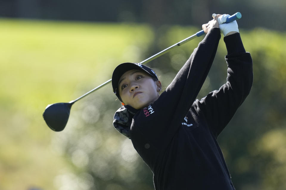 Lydia Ko of New Zealand watches her tee shot on the second hole during the third round of the BMW Ladies Championship at the Seowon Hills Country Club in Paju, South Korea, Saturday, Oct. 21, 2023. (AP Photo/Lee Jin-man)