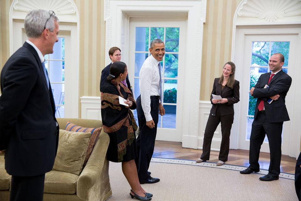 <p>“The President and his national security staff are all smiles shortly after being notified of the nuclear agreement with Iran on July 13, 2015.” (Pete Souza/The White House) </p>