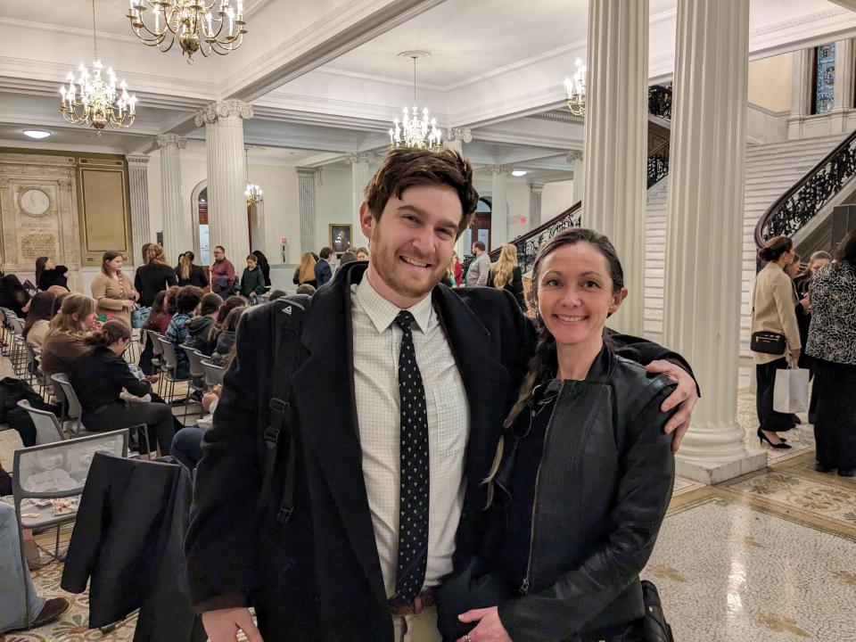 James Davis, founder of Bay Staters for Natural Medicine, poses with Cindy Bernier, president of Green Network Providers, after a recent public hearing at the State House. The two opoose a state ballot initiative calling for the legalization of a psychedelics marketplace, with Davis saying the measure would drive up prices and create too much regulation for those who wish to safely provide the product.