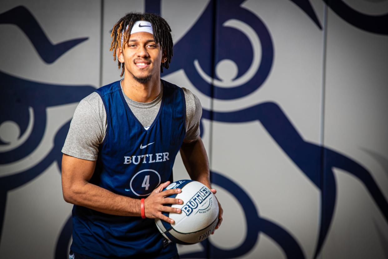 Butler University basketball player DJ Davis Media Day on Wednesday, Oct. 17, 2023, in the Butler University practice gym in Indianapolis.