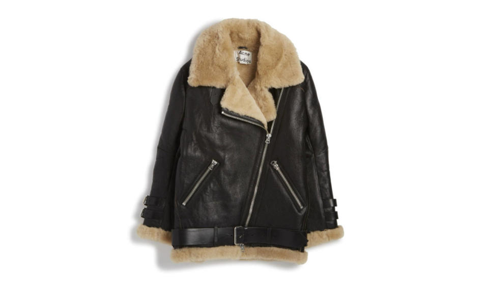 <p>Acne Velocity black with beige, $2,800, <a href="http://www.lyst.com/clothing/acne-studios-velocite-shearling-moto-jacket-black/?atc_medium=cpc&atc_source=google&atc_campaign=USA-PLA-AllBrands&atc_content=USA-PLA-Acne+Jackets-Clothing+%26+Accessories+%3E+Clothing+%3E+Outerwear+%3E+Coats+%26+Jackets-EEE-no&atc_country=USA&atc_grouping=Google-PLA&gclid=CL315pLfz8oCFVKQHwod1_QIdw&gclsrc=aw.ds" rel="nofollow noopener" target="_blank" data-ylk="slk:Lyst;elm:context_link;itc:0;sec:content-canvas" class="link ">Lyst</a></p>