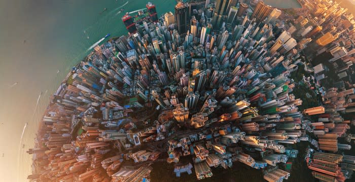 An aerial fish-eye view of Hong Kong.