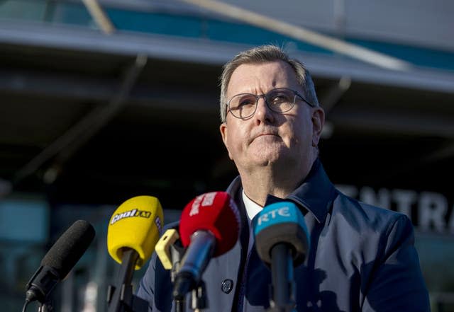 Sir Jeffery Donaldson MP, leader of the DUP, outside George Best Belfast City Airport, speaks to the media