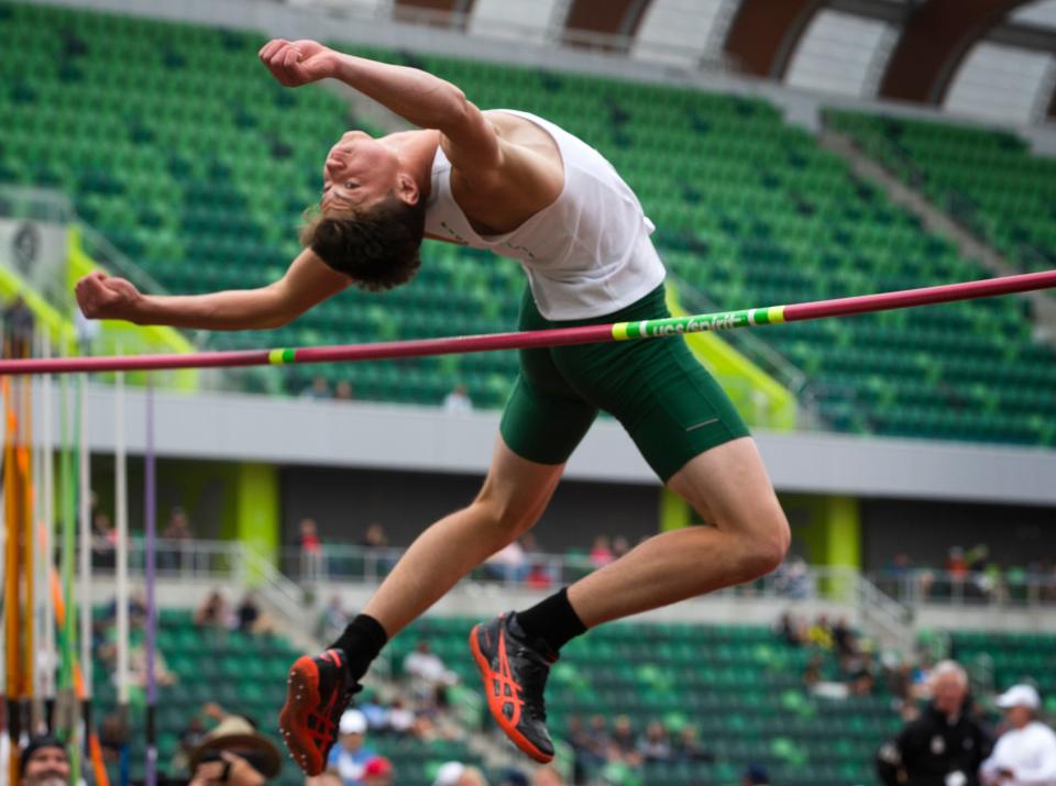 Sheldon's Terek Logan competes in the 6A boys high jump on his way to the champion on the final day of the OSAA state Track and field championship at Hayward Field in Eugene Saturday, May 27, 2023.