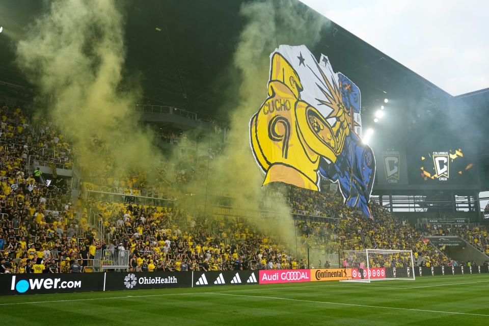 Aug 20, 2023; Columbus, Ohio, USA; Fans in the Nordecke raise a tifo prior to the MLS soccer match between the Columbus Crew and FC Cincinnati at Lower.com Field.