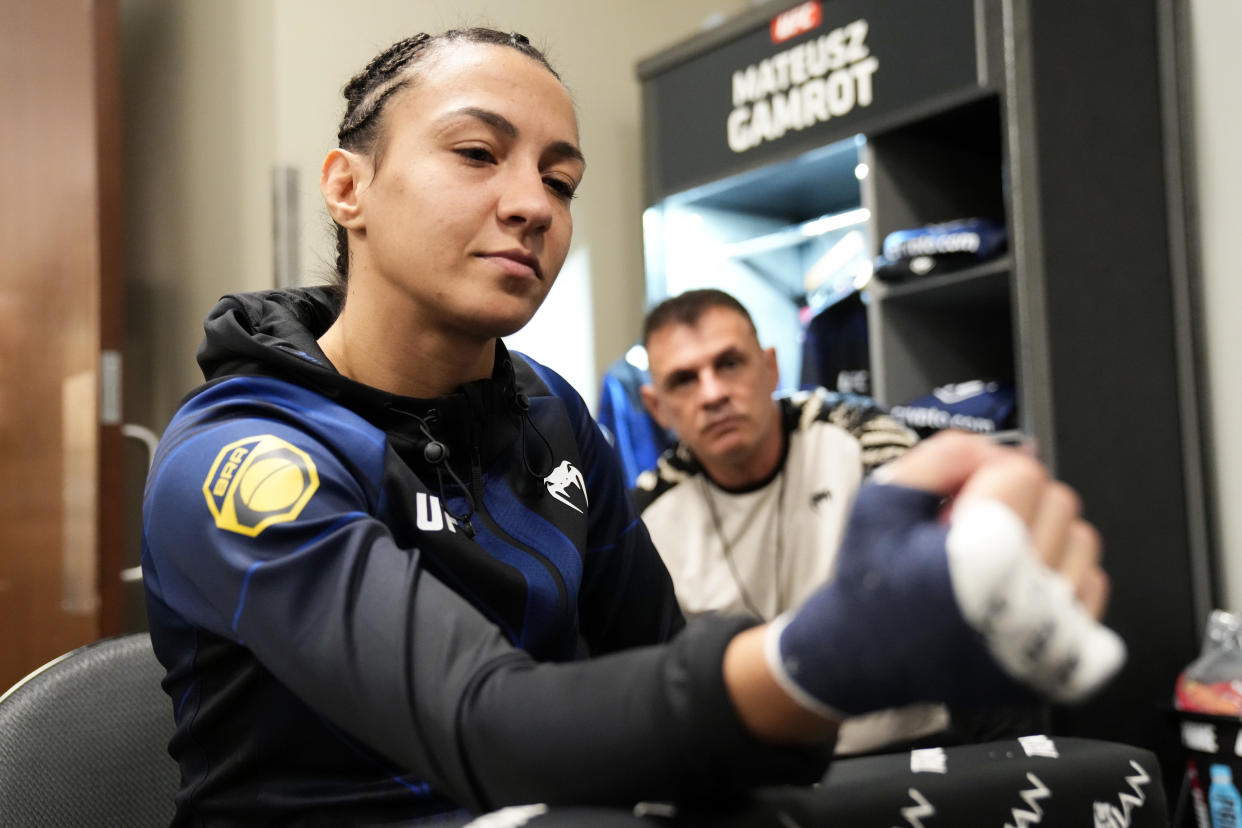 LAS VEGAS, NEVADA - MARCH 04: Amanda Ribas of Brazil has her hands wrapped prior to her fight during the UFC 285 event at T-Mobile Arena on March 04, 2023 in Las Vegas, Nevada. (Photo by Mike Roach/Zuffa LLC via Getty Images)