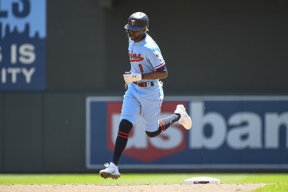 Minnesota Twins' Nick Gordon rounds the bases after hitting a solo home run against Cleveland Guardians pitcher Zach Plesac during the third inning of a baseball game, Thursday, June 23, 2022, in Minneapolis. (AP Photo/Craig Lassig)