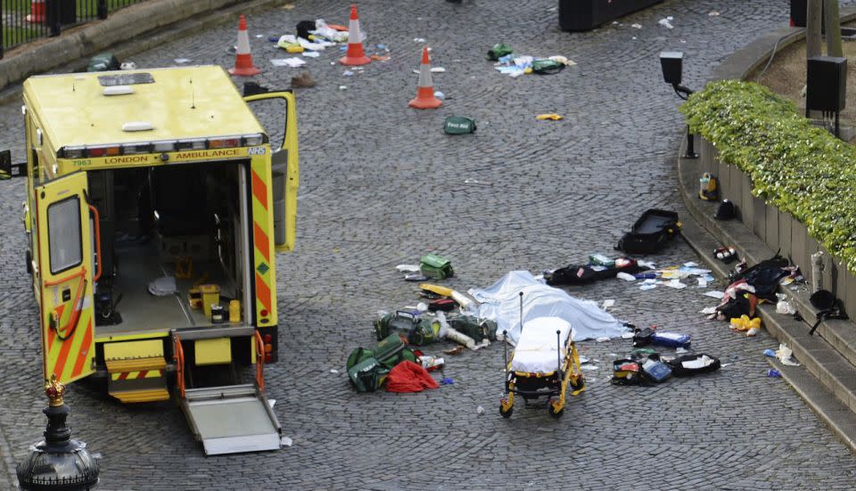 The scenes near London's Parliament house following what police describe as a terror attack. Photo: AAP