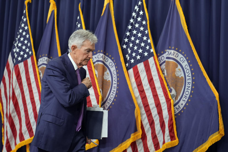 FILE - Federal Reserve Board Chair Jerome Powell ends his news conference at the Federal Reserve in Washington, Wednesday, May 1, 2024. Powell has tested positive for Covid-19 late Thursday, May 16, 2024, and is experiencing symptoms, according to a statement from a Fed spokesperson. (AP Photo/Susan Walsh, File)