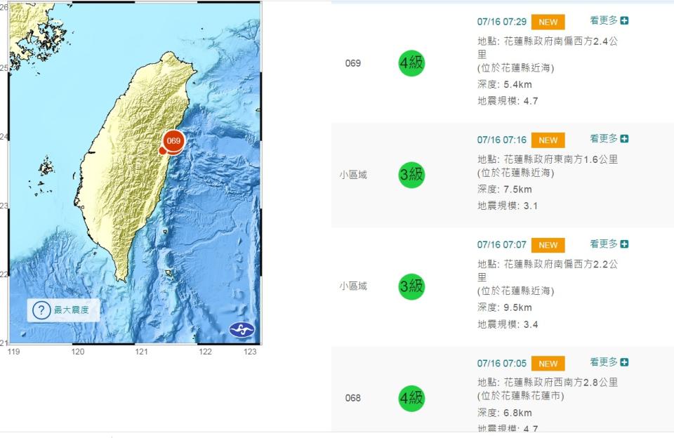 花蓮今天清晨7時又開始地震不斷，中央氣象局隨時新增更新中。   圖：翻攝自中央氣象局