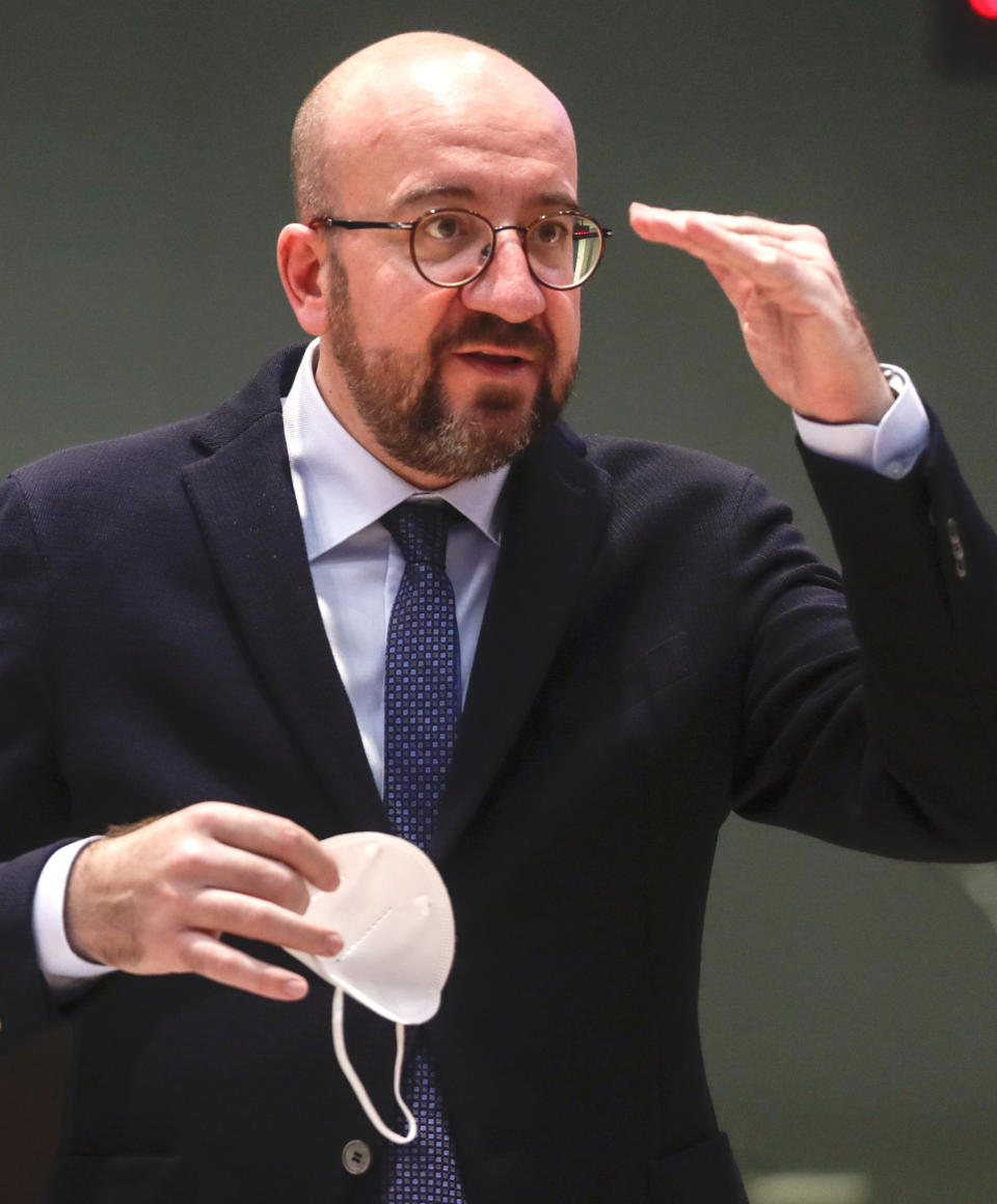 European Council President Charles Michel speaks as he takes part in an EU Summit, via videoconference link, at the European Council building in Brussels, Thursday, Feb. 25, 2021. European Union leaders are gathering Thursday, via videoconference link, to try to inject new energy into the 27-nation bloc's lagging coronavirus vaccination effort as concern mounts that new variants might spread faster than authorities can adapt. (Olivier Hoslet, Pool via AP)