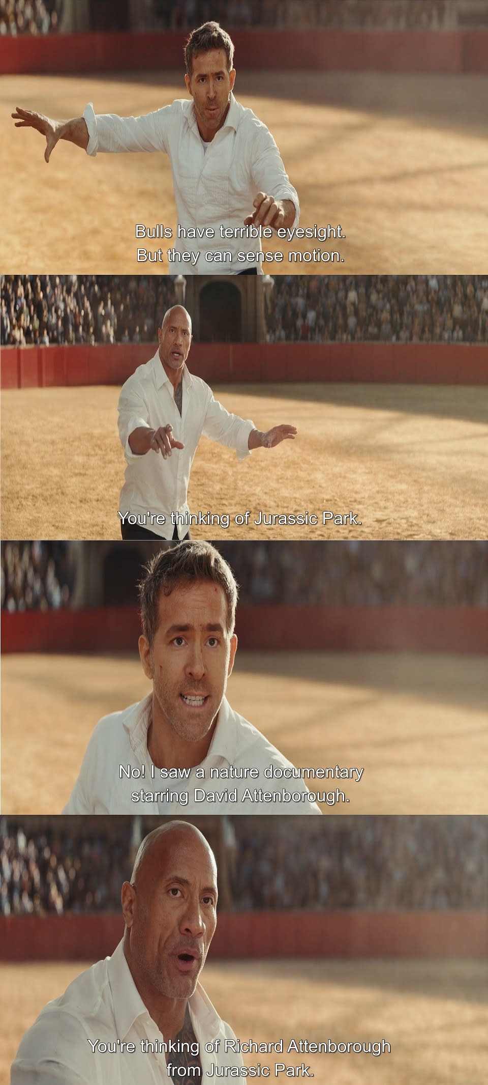 Ryan Reynolds and Dwayne Johnson stand in the middle of a bullfighting game and talk about Jurassic Park