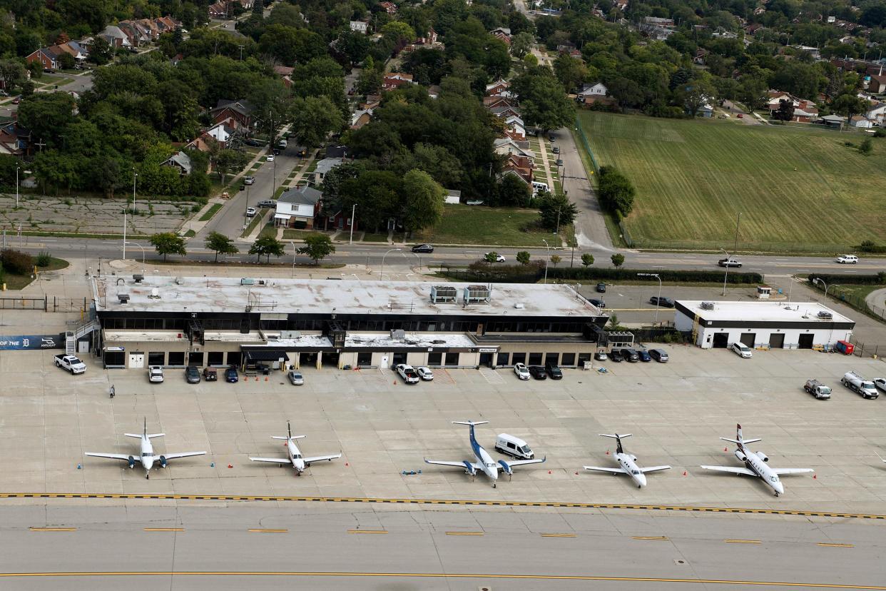 An aerial view of planes and hangars at the Coleman A. Young International Airport in Detroit on Sept. 16, 2022.