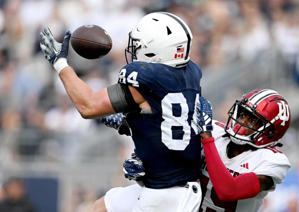 Indiana’s Josh Sanguinetti can’t stop Penn State tight end Theo Johnson as he makes a catch for a touchdown during the game on Saturday, Oct. 28, 2023.