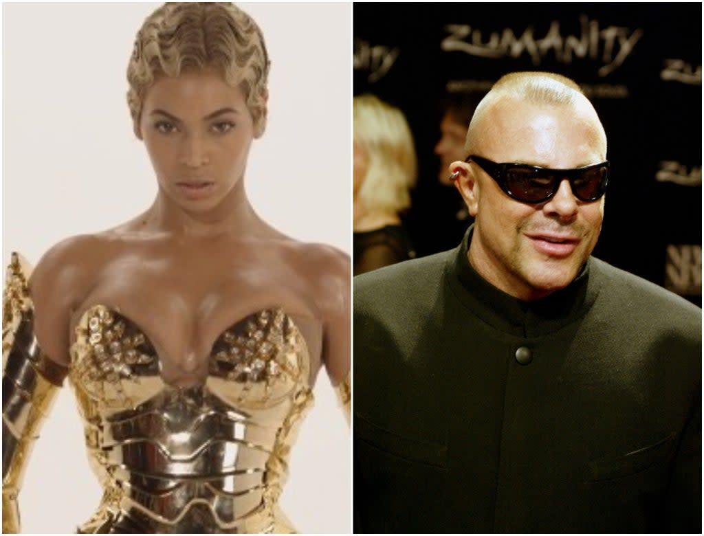 Beyonce (left) is among the stars to pay tribute to Thierry Mugler (YouTube/Columbia/Getty)