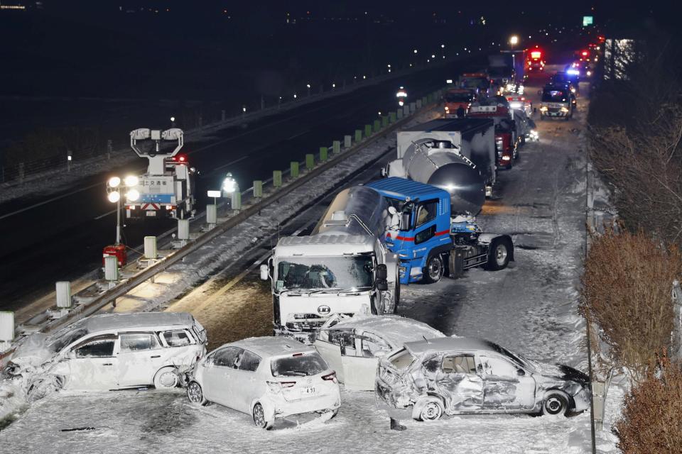 <p>Cars were involved in a series of crashes when a snow storm struck a stretch of highway on the Tohoku Expressway in Osaki, Miyagi prefecture</p> (REUTERS)