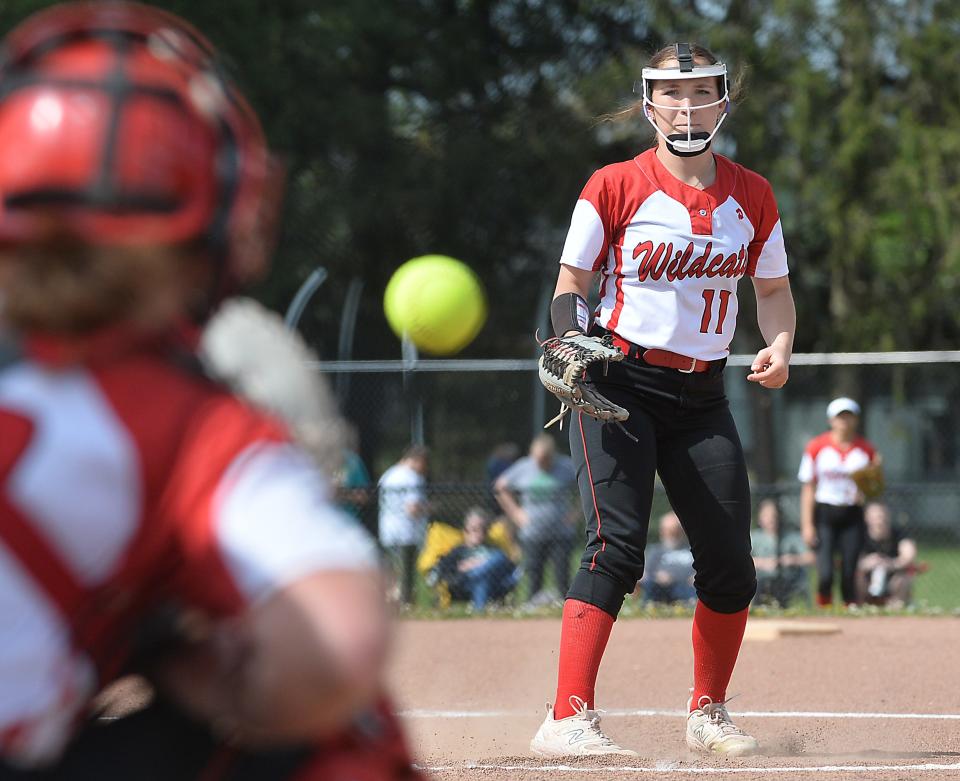 Northwestern High School pitcher Zoey Johnson throws against Union City during a girls softball game in Union City on May 16. The District 10 softball playoffs start Monday. The Wildcats (Class 3A, Tuesday) and Bears (Class 2A, Monday) each open with quarterfinal games.