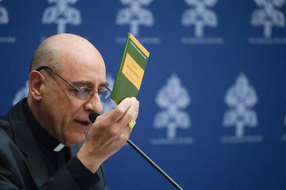 The prefect of the Vatican's Dicastery for the Doctrine of the Faith, Cardinal Victor Manuel Fernandez, presents the declaration 'Dignitas Infinita' (Infinite Dignity) during a press conference at the Vatican, Monday, April 8, 2024. (AP Photo/Gregorio Borgia)