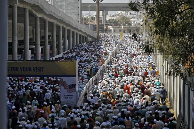 People leave the Sardar Patel Stadium after U.S. President Donald Trump and Indian Prime Minister Narendra Modi addressed a "Namaste Trump" event in Ahmedabad