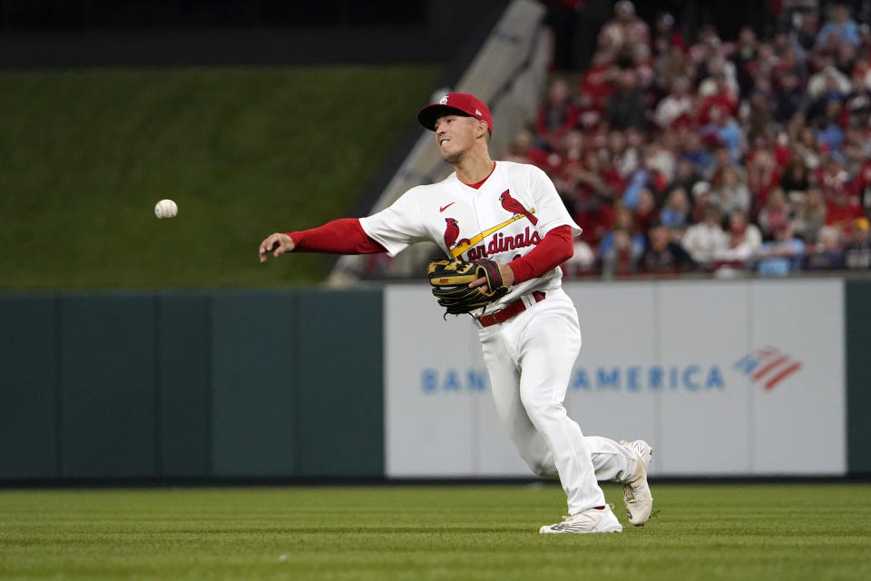 St. Louis Cardinals second baseman Tommy Edman throws out Arizona Diamondbacks' Cooper Hummel on a ground out during the fourth inning of a baseball game Friday, April 29, 2022, in St. Louis. (AP Photo/Jeff Roberson)