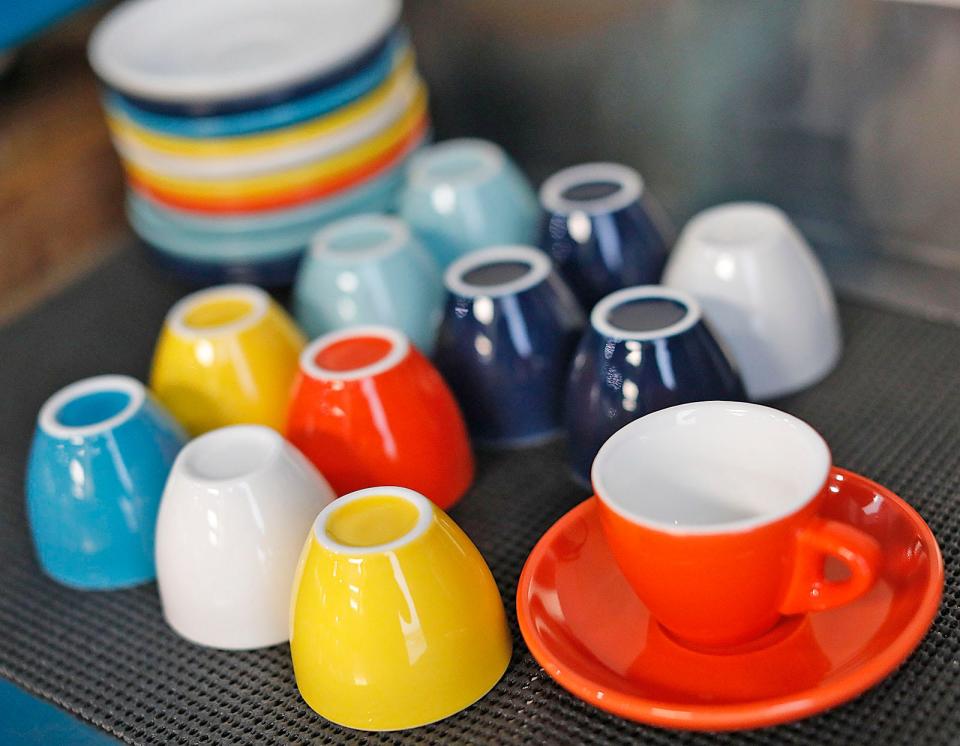 Bright espresso cups at a new restaurant in Rockland called Stevie G's.