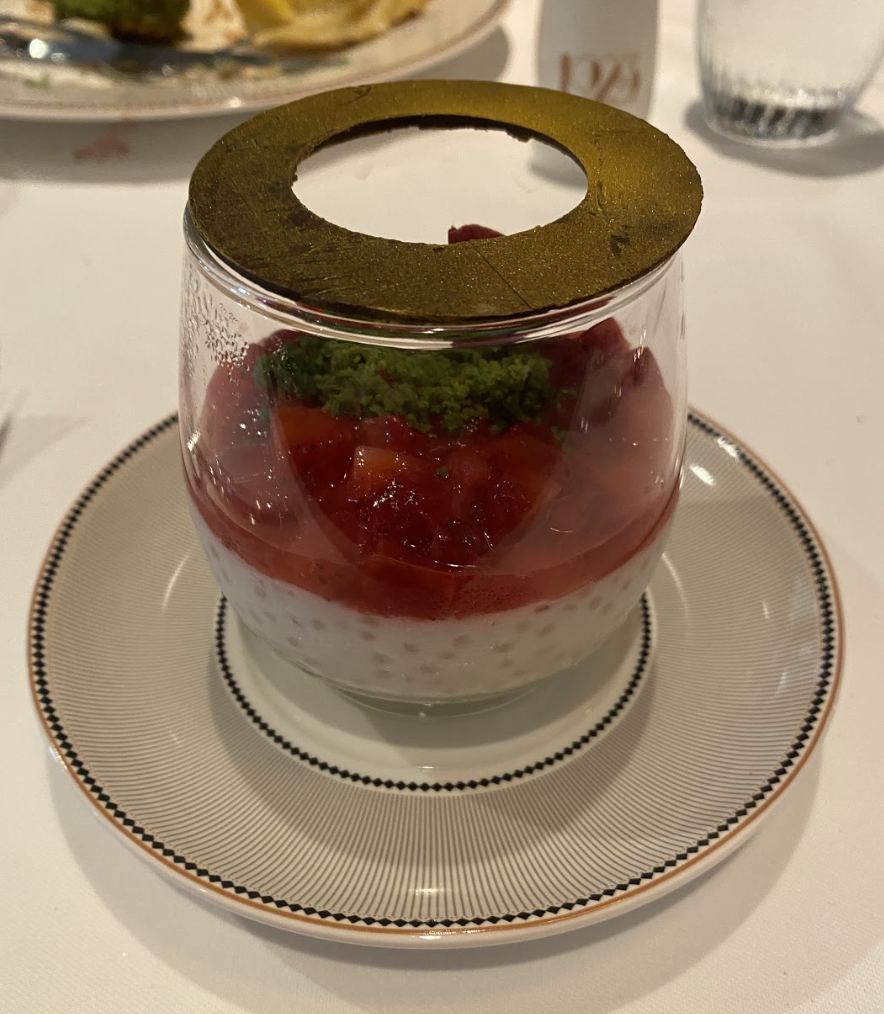 That, my friend, is a Coconut Tapioca Pudding with Strawberry-Lime Salsa and Matcha Crumble.