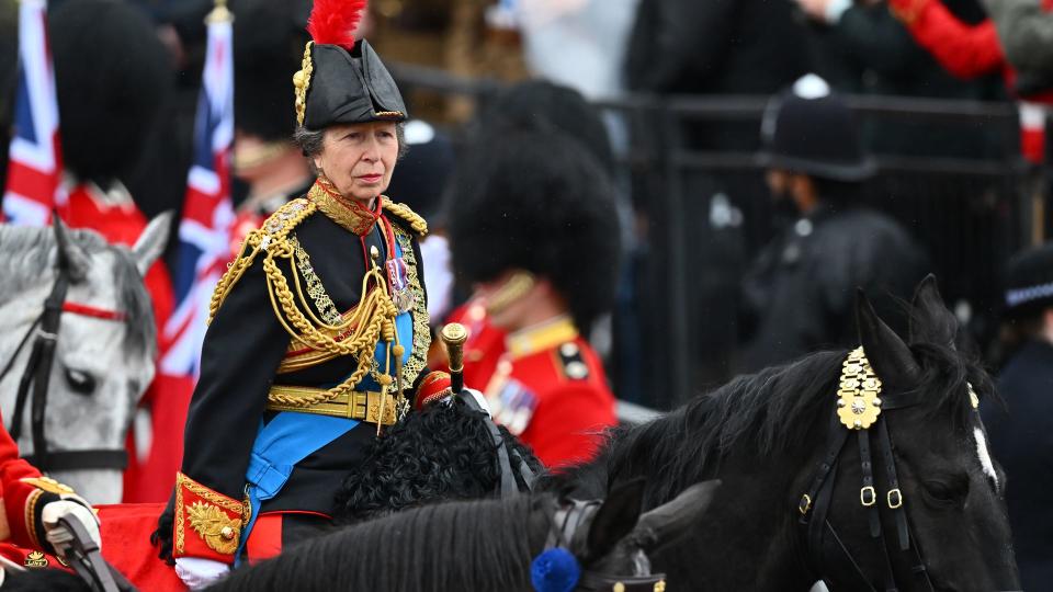 Princess Anne riding on horseback at the King's coronation 