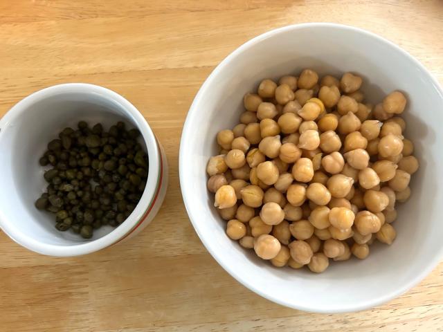Prepping chickpeas and capers for Ina Garten&#39;s Greek Orzo Salad