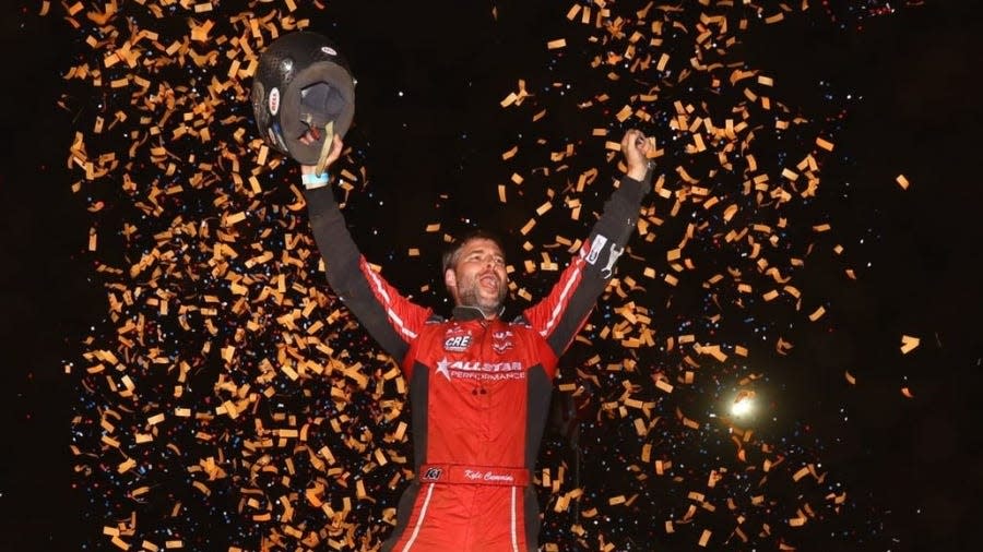Kyle Cummins of Princeton charged from 10th to first to score the victory during the 2022 USAC NOS Energy Drink Indiana Sprint Week event at Bloomington Speedway.
