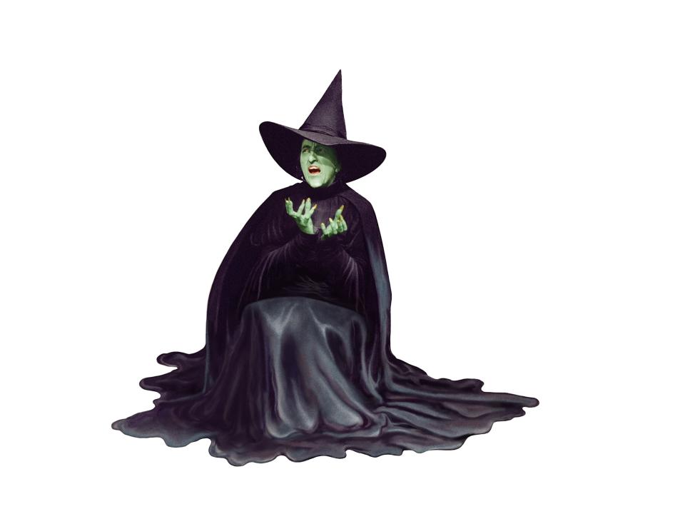 An illustrations of the Wicked Witch of the West, wearing a pointed hat and a flowing, dark cloak, with green skin and hands raised as if casting a spell