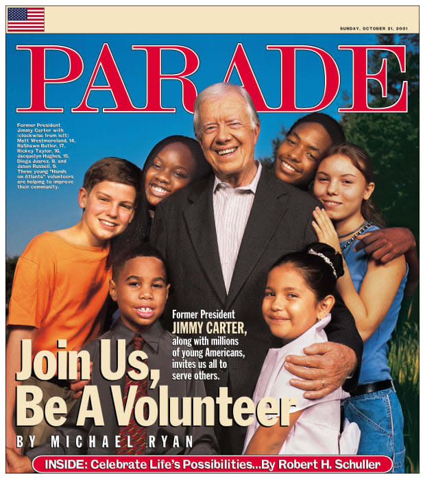 <p>President Carter encourages all Americans to go out and serve their community on the cover of the Oct. 21, 2001 issue.</p>