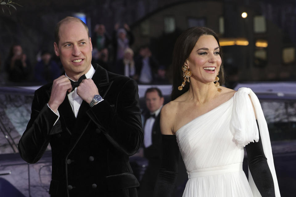 Britain's Prince William, left and Kate, the Princess of Wales arrive to attend the BAFTA Film Awards 2023, at The Royal Festival Hall, in London, Sunday, Feb. 19, 2023. (Chris Jackson/Pool Photos via AP)