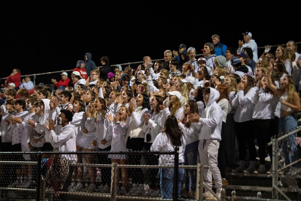Lenape Valley at Newton on Friday, Oct. 22 ,2021. Lenape Valley fans cheer for their team.