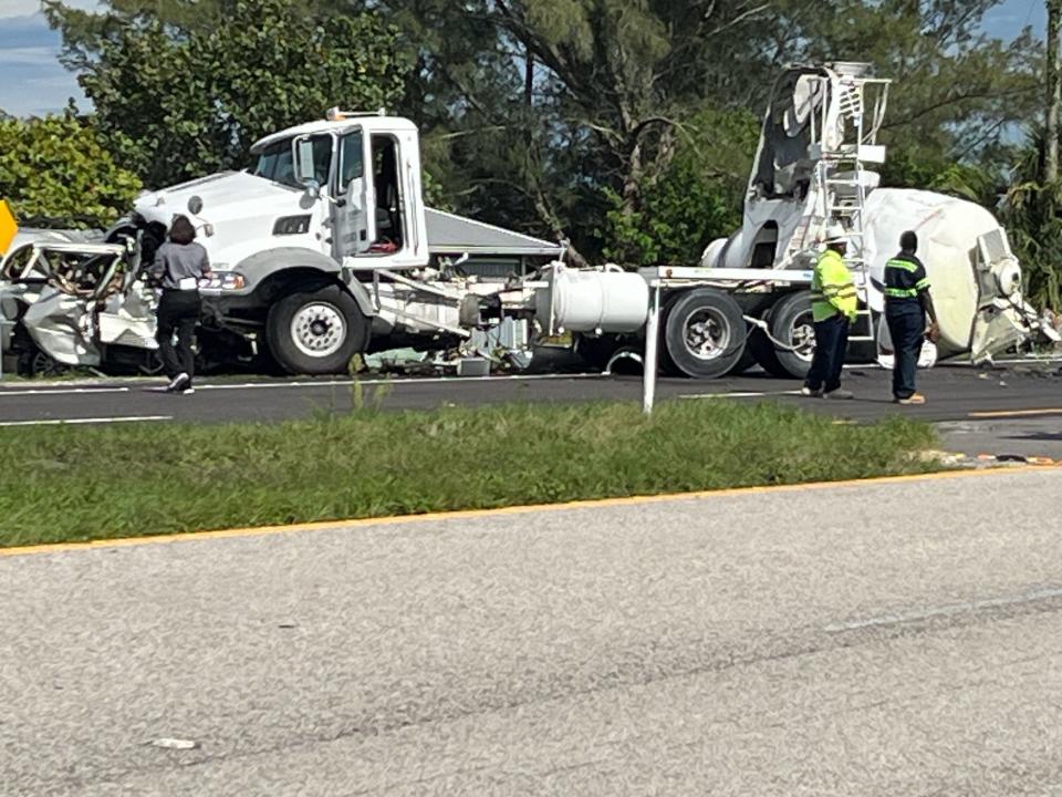 One person was killed Monday afternoon in a crash involving a cement truck and a minivan in Grant-Valkaria, the Florida Highway Patrol said.