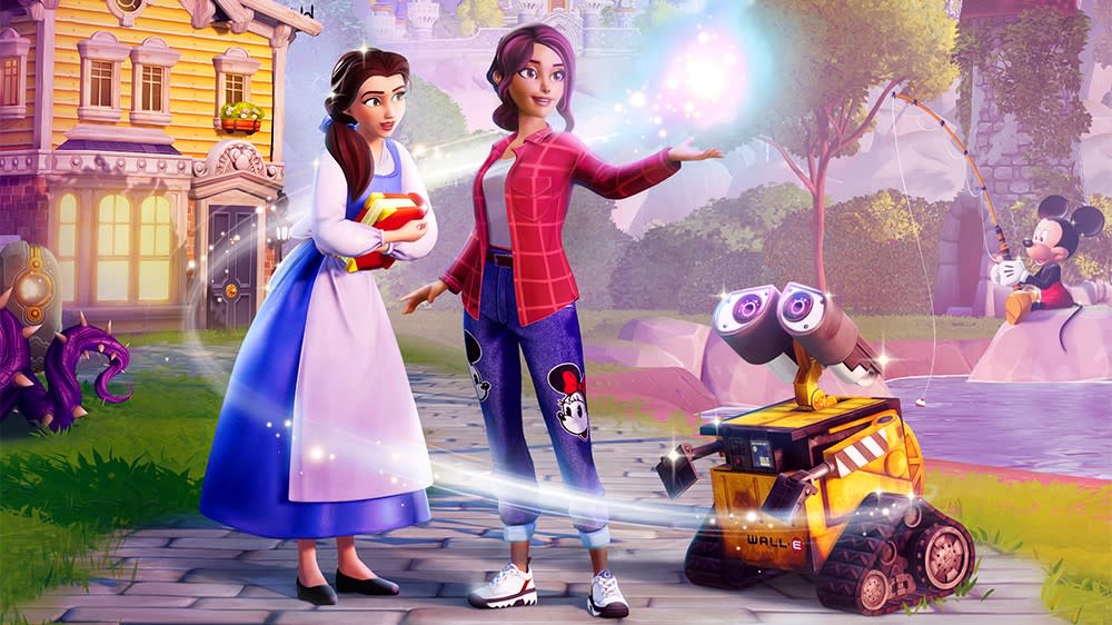  The player character holding a magic orb while WALL-E and Bella look on in Disney Dreamlight Valley. 