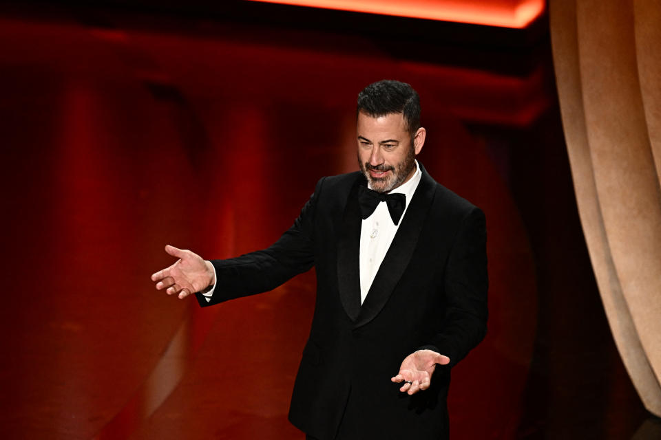 US TV host Jimmy Kimmel speaks onstage during the 96th Annual Academy Awards at the Dolby Theatre in Hollywood, California on March 10, 2024. (Photo by Patrick T. Fallon / AFP) (Photo by PATRICK T. FALLON/AFP via Getty Images)